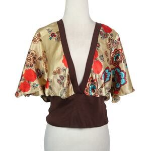 Vintage Y2K Timing Satin Tan Floral Kimono Style Crop Top Blouse L